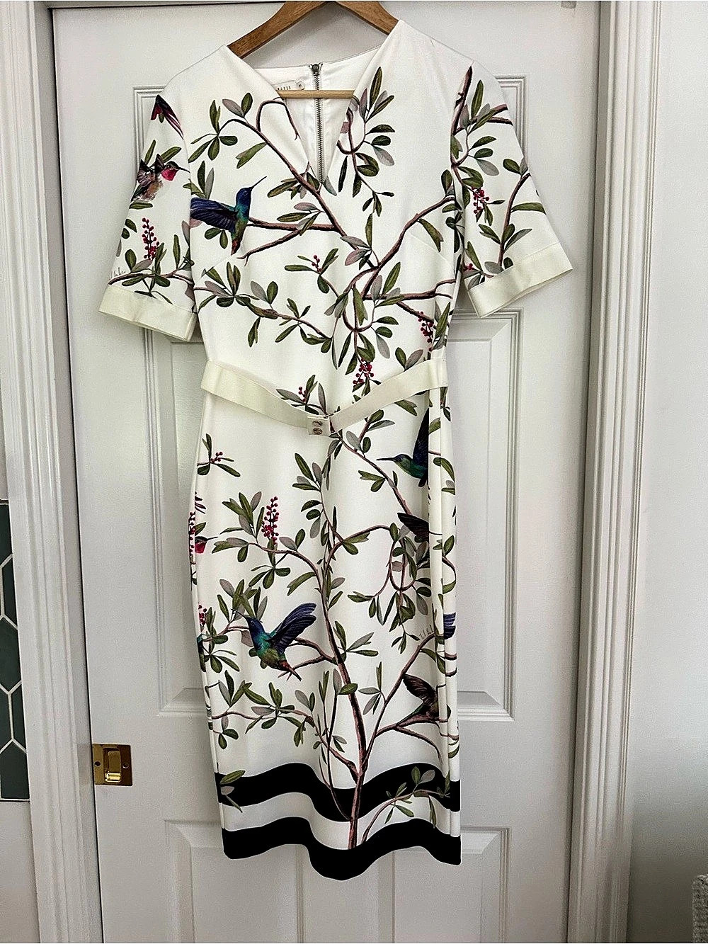 Ted Baker Everely Highgrove Hummingbird Midi Dress Floral White & Black Size 3
